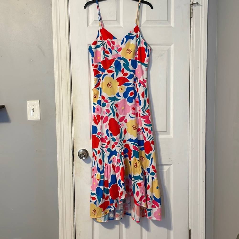 Multicolor color floral midi dress with spaghetti straps